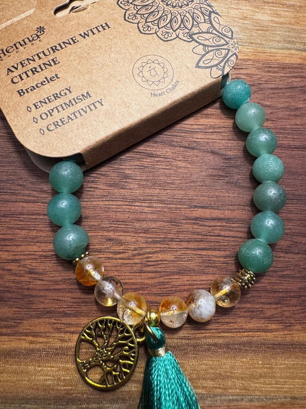 Henna Shoppe Mixed Stone Bead Charm Bracelet (Aventurine With Citrine)